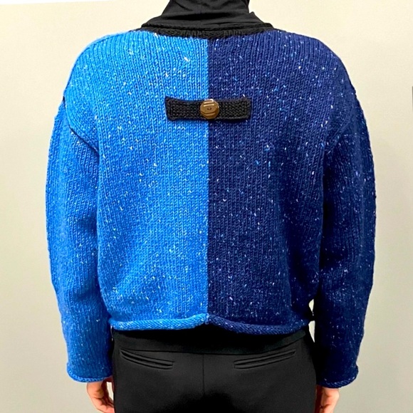 LYNNE McNULTY Hand Knit Cardigan Wool Sweater, navy and sky blue - Picture 2 of 3